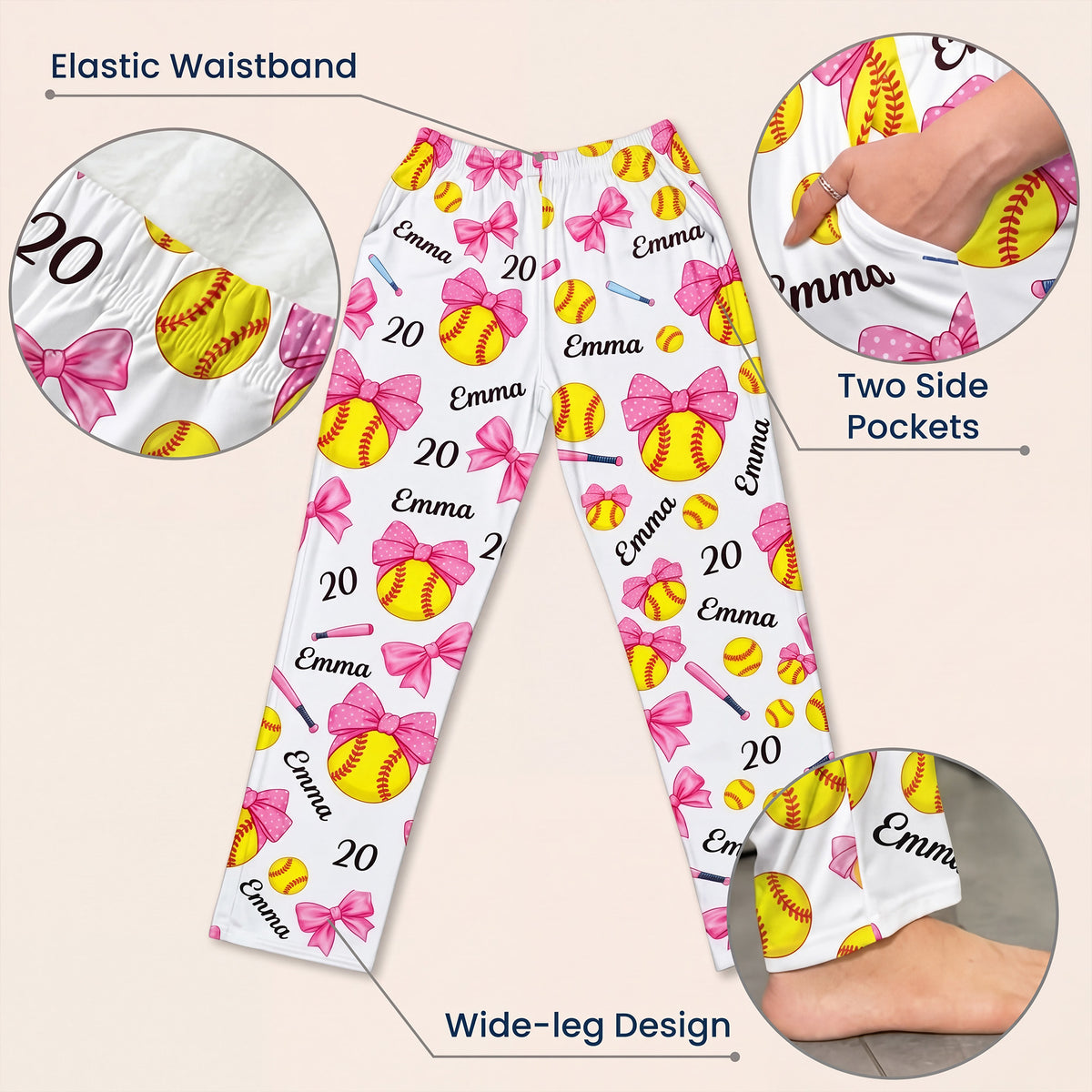 Coquette Bow Softball - Personalized Pajama Pants