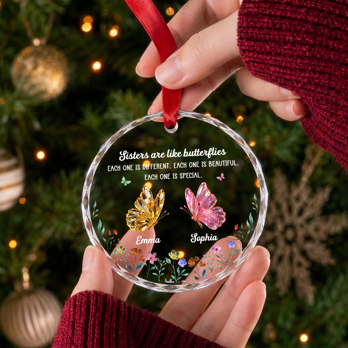 Festive Sister Love - Personalized Glass Ornament