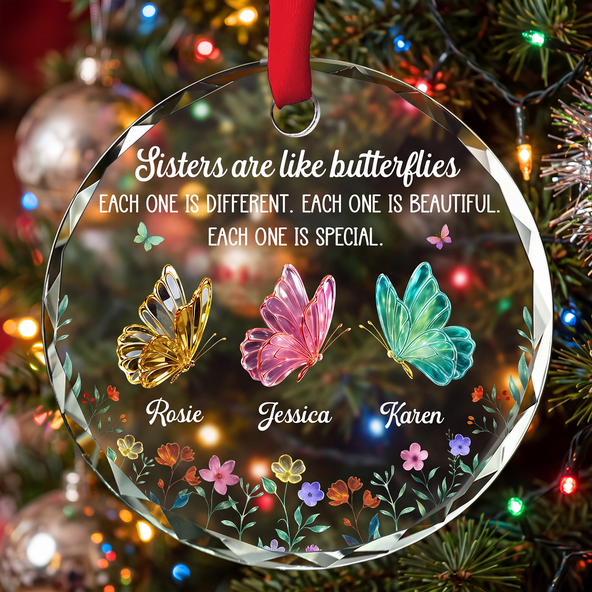 Festive Sister Love - Personalized Glass Ornament